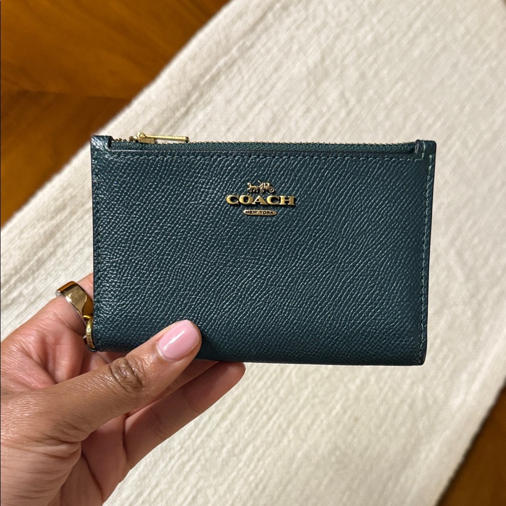 Coach Green Leather Card Holder with Gold Accents